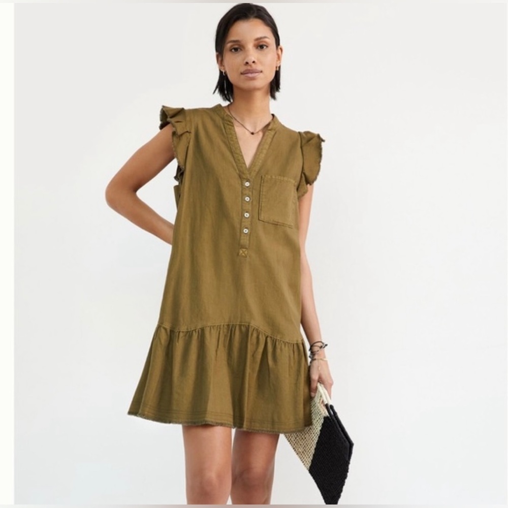 Anthropologie pilcro raw hem flounce moss green tunic dress